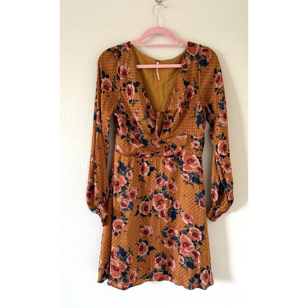 Free People Morning Light Printed Mini Long Sleeve Dress Neutral Sz‎ 10 Bohemian